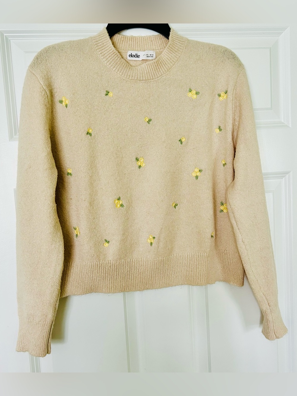 Elodie Cream/Oatmeal Crewneck Sweater with Delicate Yellow Floral Embroidery